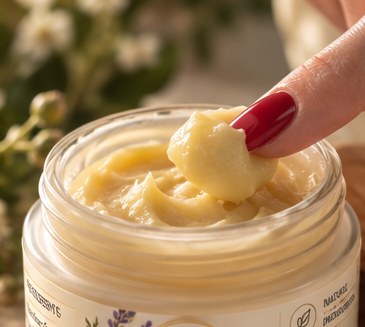 A fingertip lifting thick, warm-toned cream from the jar